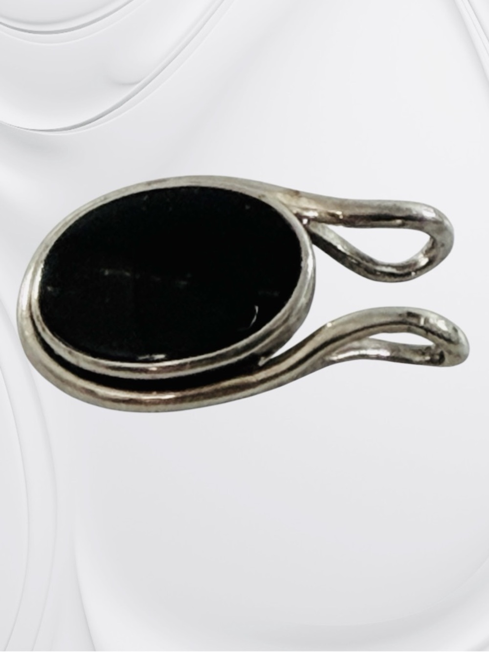 Vintage Sterling Silver 925 Black Onyx Stone Pendant Charm Oval Double Loop
